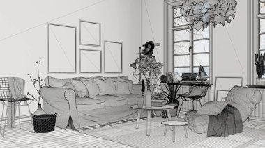 Beyaz duvarları, parke ahşap zemini, özel mimari tasarım projesi, siyah mürekkep çizimi, İskandinav oturma odasını, mimariyi gösteren plan.