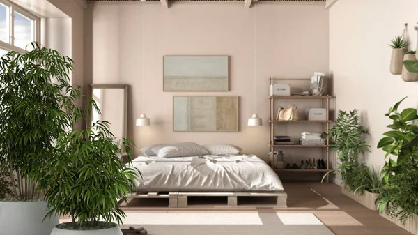 带有盆栽竹子的Zen室内 自然室内设计理念 现代乡村木制卧房 生态可持续木地板 多谷的托盘床 扶手椅 室内设计理念 — 图库照片
