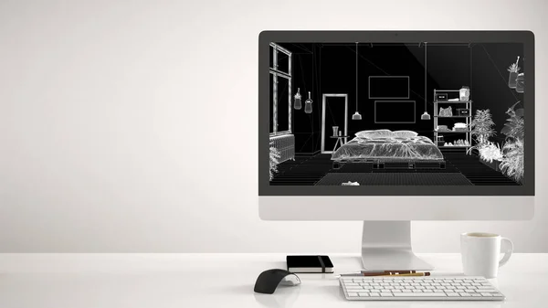 建筑师住宅项目概念 白色背景的台式计算机 显示Cad草图的工作台 带有昏暗的托盘床 地毯和镜子 扶手椅和装饰的现代乡村卧室 — 图库照片