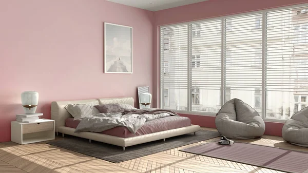 Modern Bedroom Pink Pastel Tones Big Panoramic Window Double Bed — Stock Photo, Image