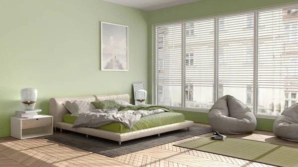 Modern bedroom in green pastel tones, big panoramic window, double bed with carpet and pouf, herringbone parquet floor, minimal interior design, relax concept idea