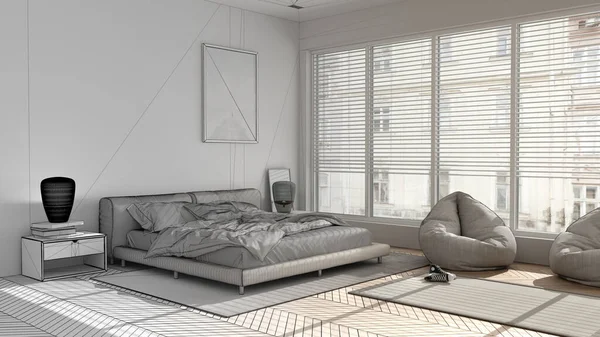Architect interior designer concept: unfinished project that becomes real, modern bedroom, big panoramic window, double bed with carpet and pouf, parquet, minimal interior design