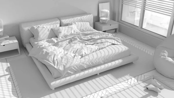 Proyecto Blanco Total Dormitorio Moderno Gran Ventana Panorámica Cama Doble — Foto de Stock