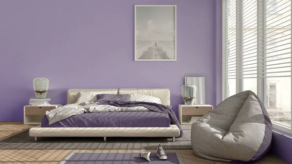 Modern Bedroom Violet Pastel Tones Big Panoramic Window Double Bed — Stock Photo, Image