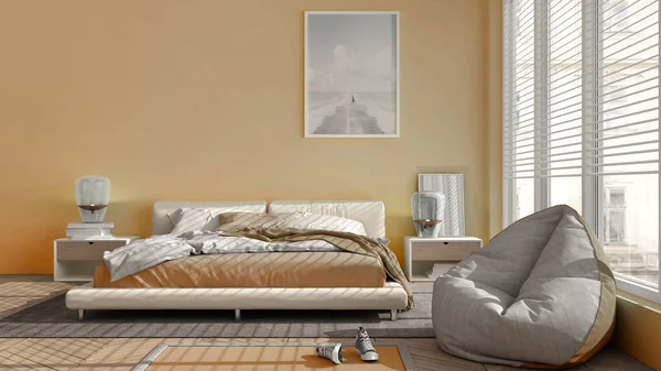 Modern Bedroom Yellow Pastel Tones Big Panoramic Window Double Bed — Stock Photo, Image