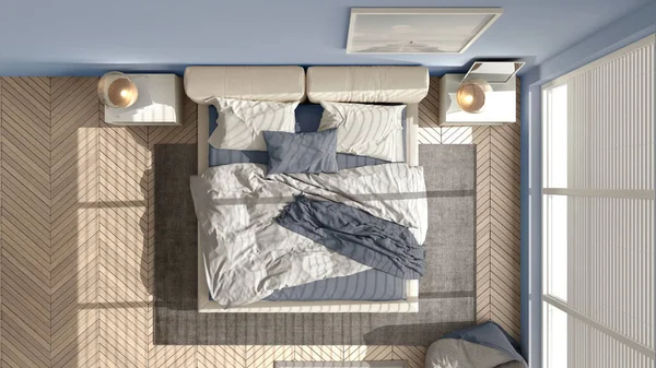 现代卧房 宽敞的全景窗户 双人床 地毯和书包 鲱鱼窝地板 简约的室内设计 放松的理念 顶视图 — 图库照片