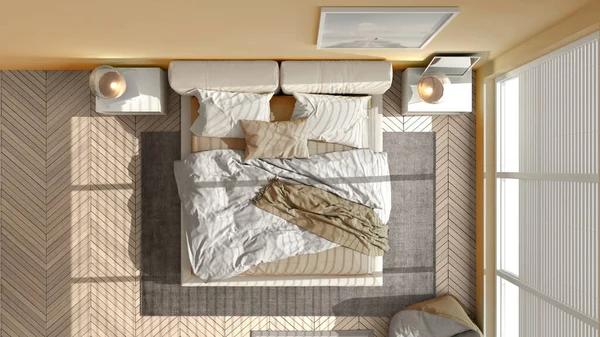 现代卧房 色调黄色 全景大窗 双人床 地毯和书包 鲱鱼窝地板 简约的室内设计 放松的概念理念 顶视图 — 图库照片
