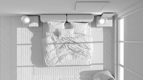 Proyecto Blanco Total Dormitorio Moderno Gran Ventana Panorámica Cama Doble —  Fotos de Stock