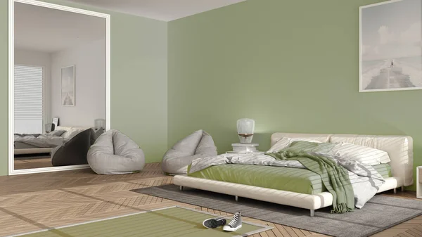 Modern bedroom in green pastel tones, big panoramic window, double bed with carpet and pouf, herringbone parquet floor, minimal interior design, relax concept idea