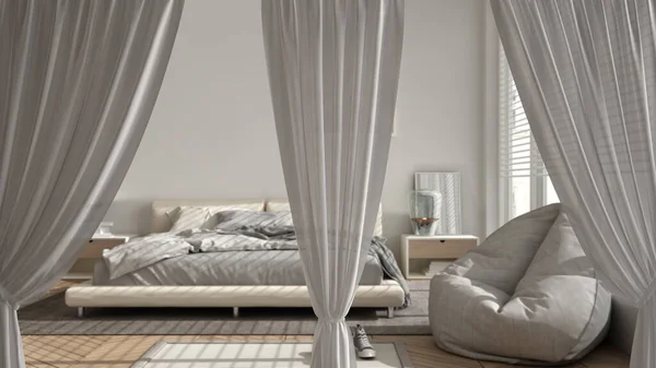 Beyaz Perdeler Modern Yatak Odasını Tasarım Arka Planını Görünümü Kırpma — Stok fotoğraf
