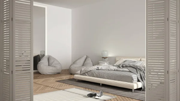Minimalist Modern Yatak Odasında Beyaz Katlı Kapı Açılıyor Çift Yatak — Stok fotoğraf