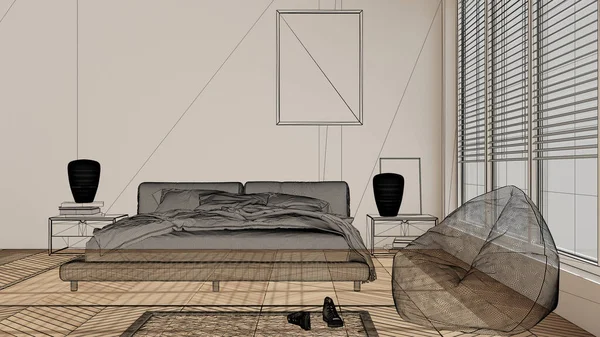 白い壁とHerringboneの寄木細工の木製の床 カスタム建築デザインプロジェクト 黒インクのスケッチ 現代の寝室を示す青写真 建築のアイデアと空の白いインテリア — ストック写真