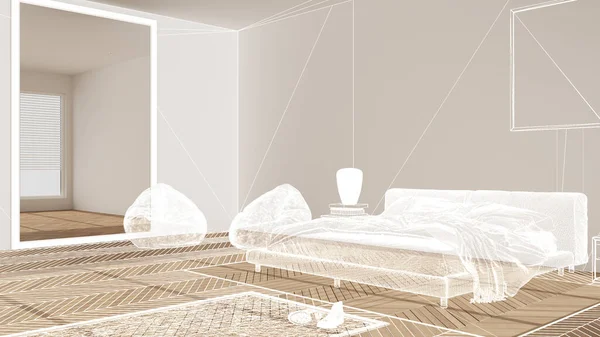 Leeg Wit Interieur Met Witte Muren Visgraat Parket Houten Vloer — Stockfoto