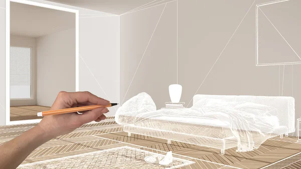 Empty white interior with wooden parquet floor, hand drawing custom architecture design, white ink sketch, blueprint showing modern bedroom with double bed, concept, mock-up, idea