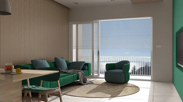 Sala Estar Moderna Tons Turquesa Detalhes Madeira Janela Panorâmica Panorama — Fotografia de Stock