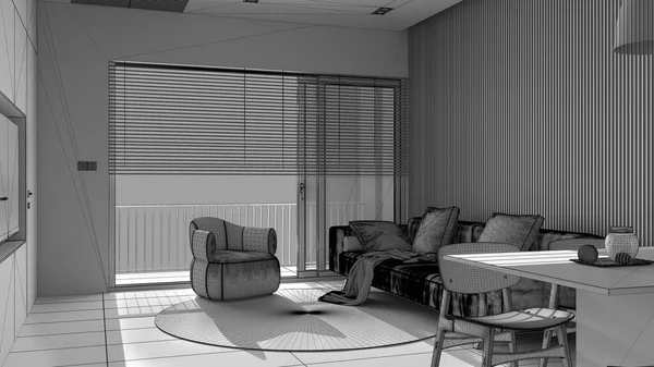 Незавершенный Проект Проект Современная Гостиная Панорамное Окно Диван Кресло Круглым — стоковое фото