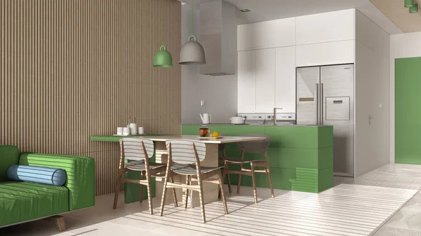 Yeşil Tonlu Modern Oturma Odası Ahşap Duvar Detayları Kanepe Sandalyeli — Stok fotoğraf
