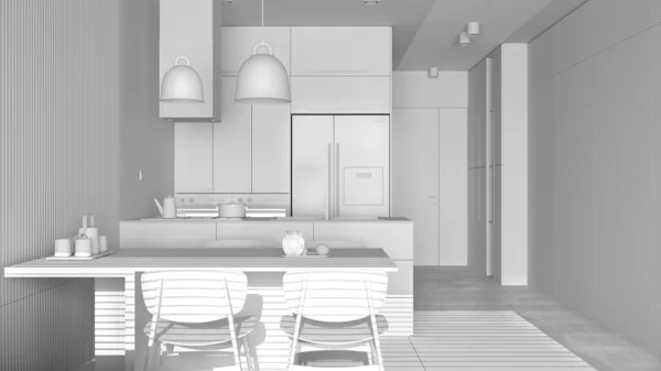 Общий Белый Проект Современной Кухни Столовой Деревянной Стеной Детали Стол — стоковое фото