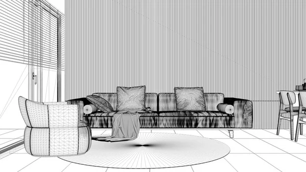 木製の壁の詳細 アームチェア カーペット ダイニングテーブル 家電製品や装飾品と現代のリビングルームの青写真プロジェクトの草案 大理石の床 インテリアデザイン — ストック写真