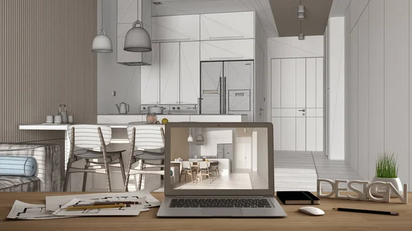 Architekten Design Desktop Konzept Laptop Auf Holzarbeitstisch Mit Bildschirm Auf — Stockfoto