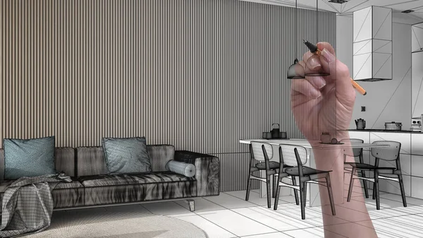 Hand Drawing Custom Luxury Lounge Living Room Kitchen Modern Room — Stock Photo, Image