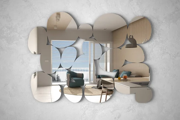 Modern mirror in the shape of pebbles hanging on the wall reflecting interior design scene, bright white and wooden living room and kitchen, minimalist architect designer concept idea