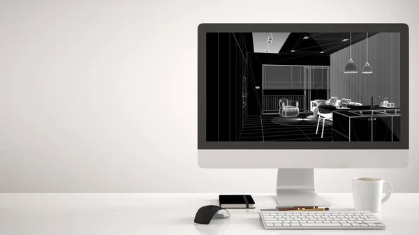 Architect Huis Project Concept Desktop Computer Witte Achtergrond Bureau Met — Stockfoto