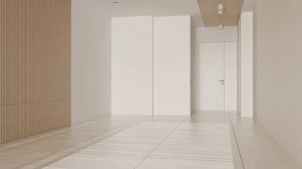 空房间室内设计 有大理石瓦片地板的开放空间 白色和木制墙壁 威尼斯百叶窗 现代建筑理念 — 图库照片