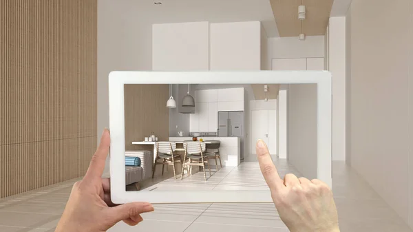 Augmented Reality Konzept Tablet Mit Applikation Zur Simulation Von Möbeln — Stockfoto