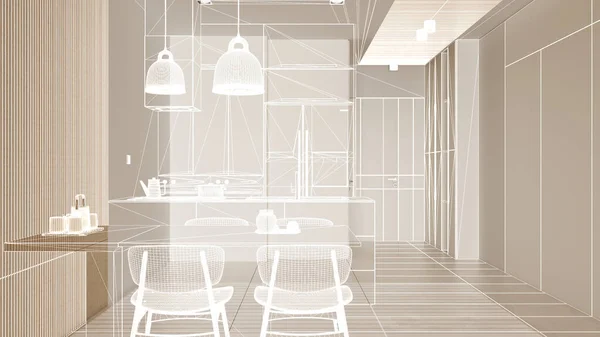 Empty white interior with white walls and herringbone parquet wooden floor, custom architecture design project, white ink sketch, blueprint showing modern kitchen, architecture