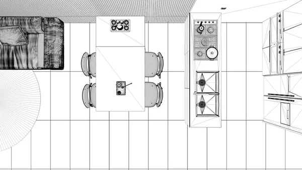 Progetto Progetto Blueprint Soggiorno Moderno Con Divano Tavolo Pranzo Con — Foto Stock