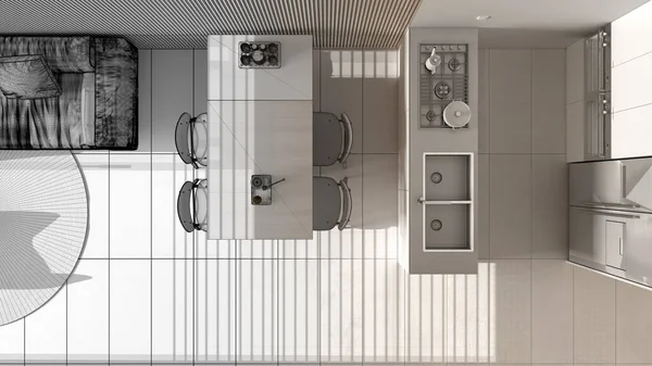인테리어 디자이너 소파가 현대식 거실이 미완성 프로젝트 의자와 주방이 대리석 — 스톡 사진