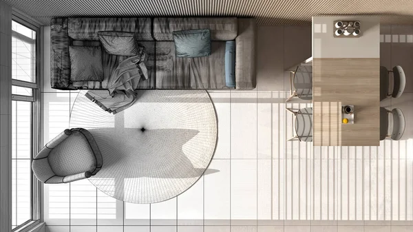 인테리어 디자이너 소파가 현대식 거실이 미완성 프로젝트 의자와 주방이 대리석 — 스톡 사진