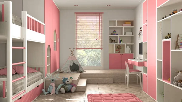 Moderne Minimalistische Kinderslaapkamer Roze Pasteltinten Visgraat Parketvloer Stapelbed Kasten Met — Stockfoto