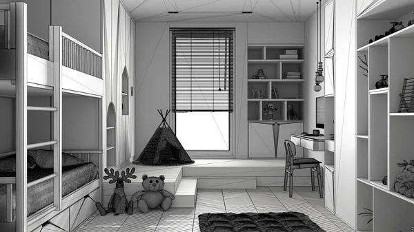 現代のミニマリストの子供のベッドルームの未完成のプロジェクトは ハーリンボーンの寄木細工の床 二段ベッド おもちゃ 人形や装飾品 カーペット ティーピー インテリアデザインの概念のアイデアとキャビネット — ストック写真