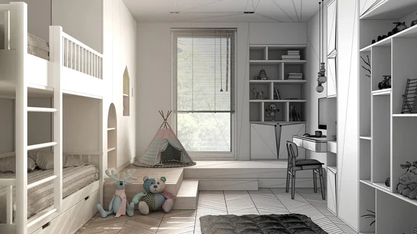 Mimari iç mimar konsepti: tamamlanmamış proje gerçek, minimalist çocuk odası, parke döşeme, ranza, oyuncak ve dekorlu dolaplar, tasarım fikri