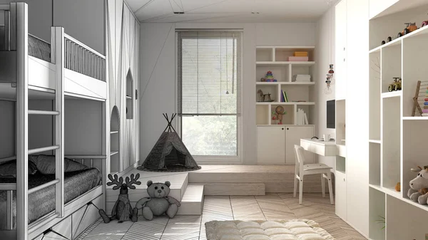 Mimari iç mimar konsepti: tamamlanmamış proje gerçek, minimalist çocuk odası, parke döşeme, ranza, oyuncak ve dekorlu dolaplar, tasarım fikri