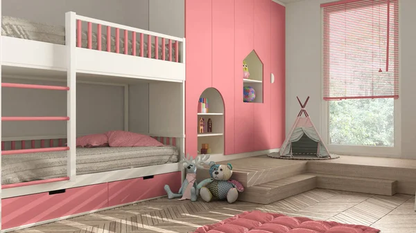 Modern Minimalista Gyermek Hálószoba Rózsaszín Pasztell Tónusú Herringbone Parketta Padló — Stock Fotó