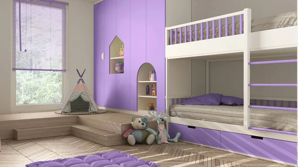 Сучасна Мінімалістична Дитяча Спальня Фіолетових Пастельних Тонах Паркетна Підлога Двоярусне — стокове фото