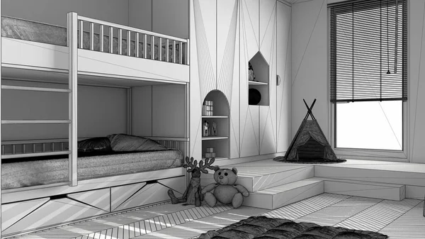 Oavslutat Projekt Moderna Minimalistiska Barn Sovrum Sill Ben Parkettgolv Våningssäng — Stockfoto