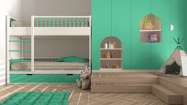 Modern Minimalist Children Bedroom Turquoise Pastel Tones Parquet Floor Bunk — Stock Photo, Image