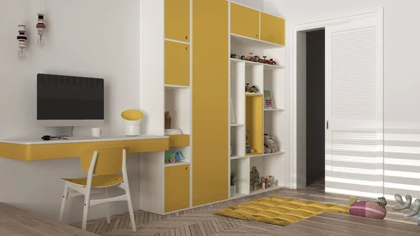 Modern minimalist children bedroom in yellow pastel tones, herringbone parquet floor, desk with desktop, cabinets with toys and decors, soft carpet, interior design concept idea