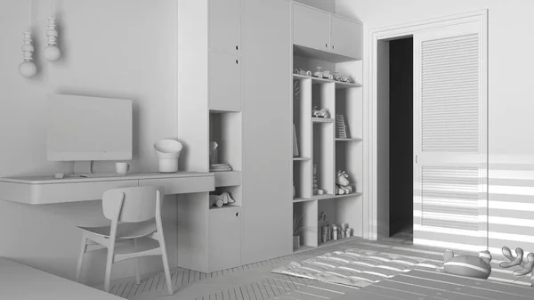 現代のミニマリストの子供のベッドルーム ハーリンボーンの寄木細工の床 デスクトップ付きの机 おもちゃや装飾付きのキャビネット 柔らかいカーペット インテリアデザインの概念のアイデアの総白いプロジェクト — ストック写真