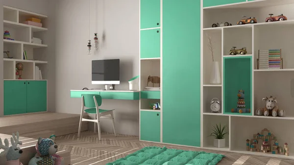 Moderno Dormitorio Minimalista Para Niños Tonos Pastel Turquesa Suelo Parquet —  Fotos de Stock