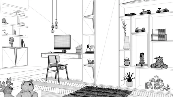 Projekt Projektu Projekt Nowoczesnej Minimalistycznej Sypialni Dla Dzieci Podłogi Parkietu — Zdjęcie stockowe