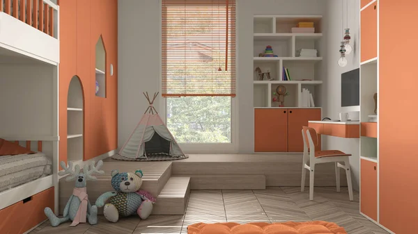 オレンジ色のパステルトーン 寄木細工の床 二段ベッド おもちゃ 人形や装飾が施されたキャビネット 柔らかいカーペット ティーピー インテリアデザインのコンセプトアイデア — ストック写真