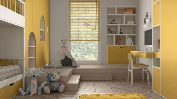 Сучасна Мінімалістична Дитяча Спальня Жовтих Пастельних Тонах Паркетна Підлога Двоярусне — стокове фото