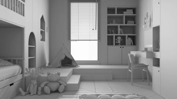 Proyecto Blanco Total Dormitorio Minimalista Moderno Para Niños Suelo Parquet — Foto de Stock