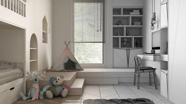 Architect interior designer concept: unfinished project that becomes real, minimalist children bedroom, parquet floor, bunk bed, cabinets with toys and decors, design concept idea