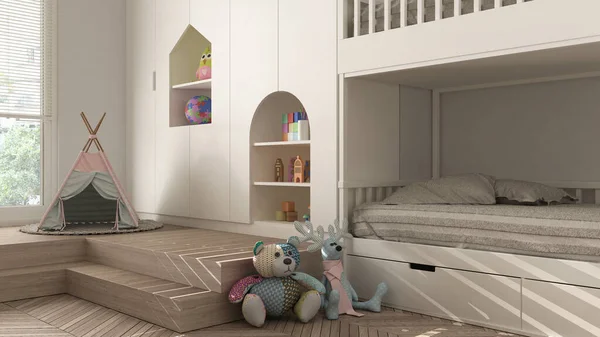 Сучасна Мінімалістична Дитяча Спальня Білих Пастельних Тонах Паркетна Підлога Оселедця — стокове фото